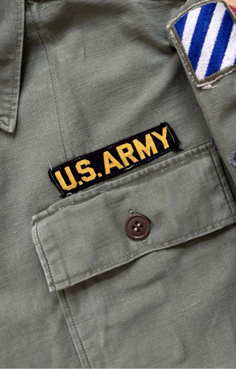 Vintage 60s US Army OG 107 Utility Shirt Patched Vietnam Era
